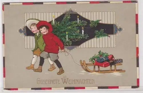 75025 Gesegnete Weihnachten Ak Kinder ziehen Schlitten 1950