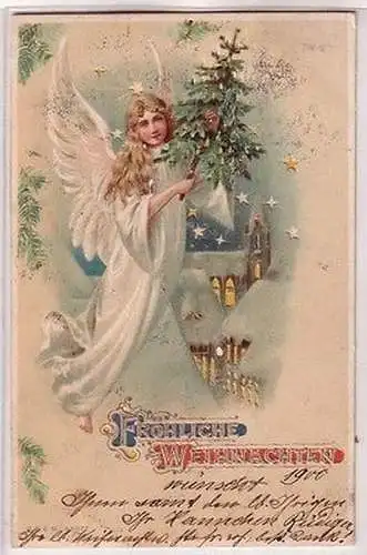 67367 geprägte Ak Fröhliche Weihnachten Engel mit Tannenbaum 1900