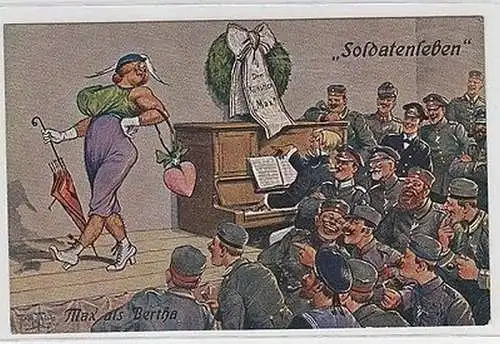 63593 Arthur Thiele Humor Ak "Soldatenleben" Max als Bertha um 1915