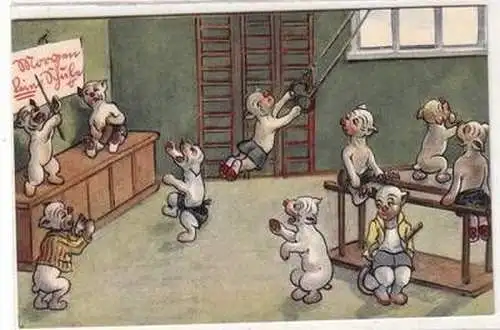 51502 Humor Ak Hunde in der Turnhalle um 1920