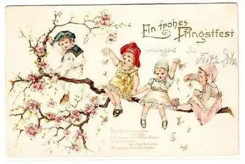 64873 Fröhliche Pfingsten Präge Ak 4 Kinder sitzen auf blühendem Ast 1904