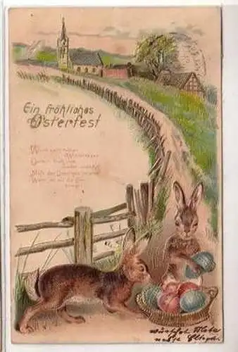 50765 Fröhliche Ostern Präge Ak 2 Hasen mit Korb voll Ostereier 1906