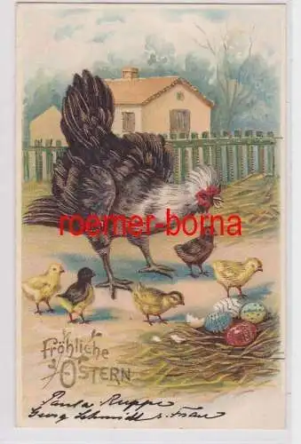 84495 geprägte Ak Fröhliche Ostern: Huhn mit Küken und Ostereiern 1905