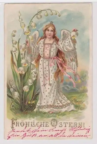 96288 Fröhliche Ostern Präge Ak Engel mit Maiglöckchen 1906