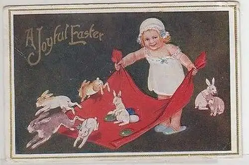 42049 A Joyful Easter Präge Ak Kind läßt Hasen aus Decke um 1910