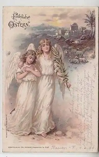 63217 Fröhliche Ostern Ak 2 Engel vor biblischer Landschaft 1899