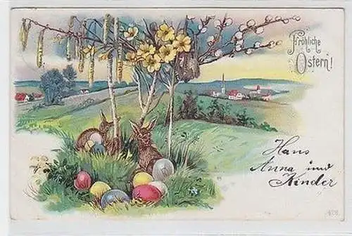 64012 Fröhliche Ostern Ak Osterhasen und Eier unter Osterbusch 1904