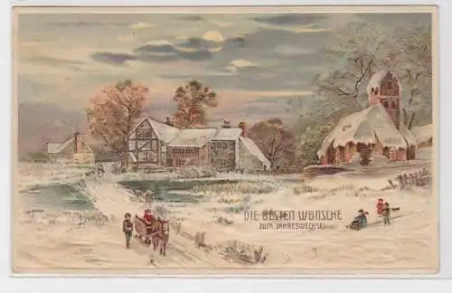 58246 Neujahrs Präge Ak Winterlandschaft mit Pferdeschlitten 1912