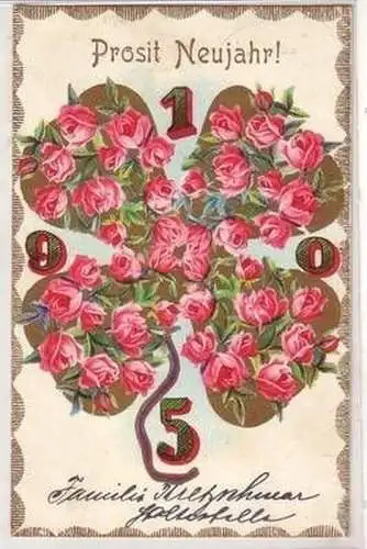 54300 Neujahrs Ak Kleeblatt aus Rosenblüten Jahreszahl 1905