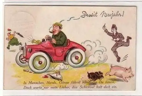 57926 Prosit Neujahr Ak Humor "Polizist jagt Automobil" 1935