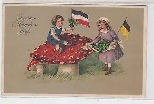 61277 Neujahrs Ak 2 Kinder mit Fliegenpilzen 1918