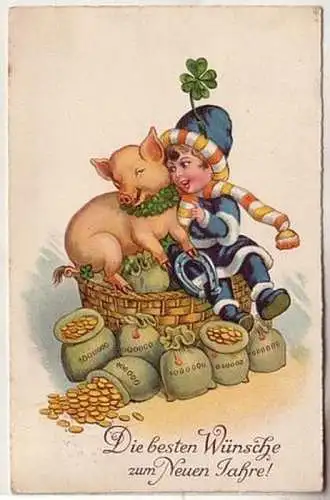 61492 Neujahrs Ak Kind und Glücksschwein auf Geldsäcken 1938