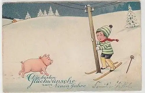 67371 Neujahrs Ak Kind mit Ski und Glücksschwein 1930