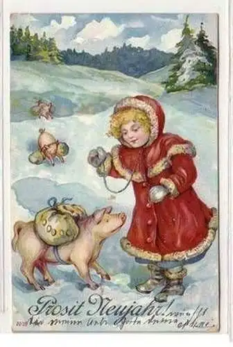 57623 Ak Prosit Neujahr! Mädchen und Schweinchen im Schnee 1909