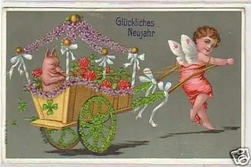 20744 Neujahr Ak Engel zieht Wagen mit Ferkel 1908