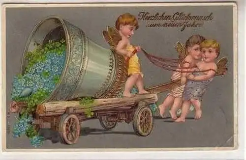 34988 Neujahrs Ak Engel ziehen Handwagen mit großer Glocke 1908