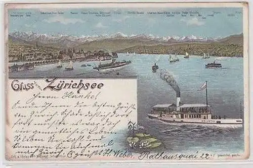 59417 Ak Lithographie Gruss vom Zürichsee mit Dampfern 1900