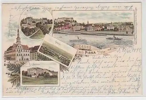 58126 Ak Lithografie Gruss aus Pirna a. Elbe Kaserne Rathaus Seminar usw. 1898