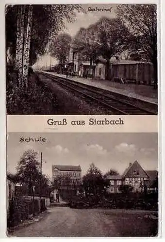 42755 Ak Gruß aus Starach Schule und Bahnhof um 1920