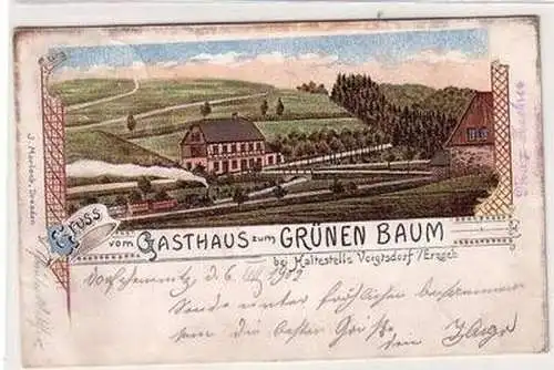 52937 Ak Lithographie Gruß vom Gasthaus zum Grünen Baum bei Voigtsdorf im Erzgeb