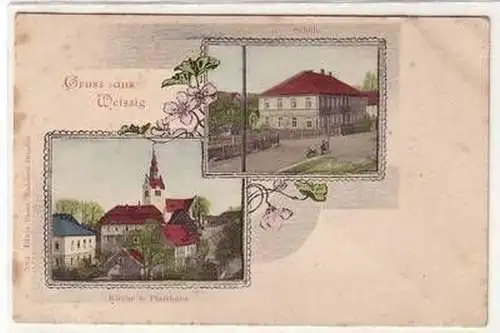 57604 Mehrbild Ak Gruß aus Weissig Schule und Kirche Pfarrhaus um 1900