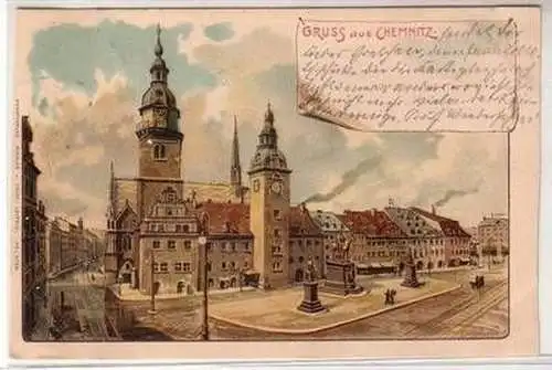 25411 Ak Lithographie Gruß aus Chemnitz Marktplatz 1902