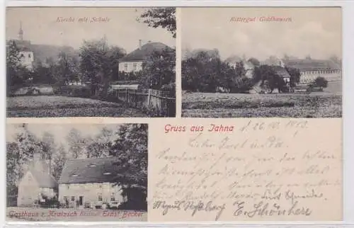 88837 Mehrbild AK Gruss aus Jahna - Kirche mit Schule, Rittergut Goldhausen 1913