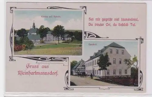 84131 Ak Gruß aus Kleinhartmannsdorf Kirche mit Schule, Gasthof 1908