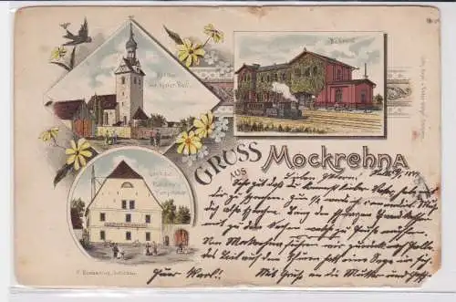 91547 AK Gruss aus Mockrehna - Kirche mit historischem Beil, Bahnhof, Gasthof