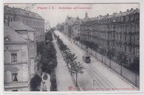 88903 Ak Plauen i.V. Breitestrasse und Carolastrasse mit Strassenbahn 1908