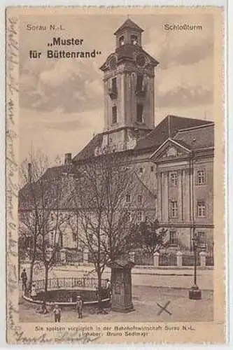 15963 Ak Sorau N.-L. Schloßturm, mit Werbung für Bahnhofswirtschaft 1927