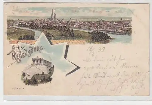 68049 Ak Lithographie Gruss aus Regensburg Totalansicht und Walhalla 1899