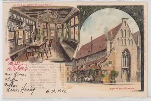 70209 Ak Lithographie Gruß aus Nürnberg Bratwurstglöcklein 1902