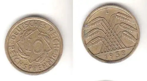 10 Reichspfennig Messing Münze Deutsches Reich 1932 E, Jäger 317 (112279)