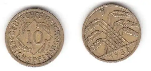 10 Reichspfennig Messing Münze Deutsches Reich 1930 J, Jäger 317 (112818)