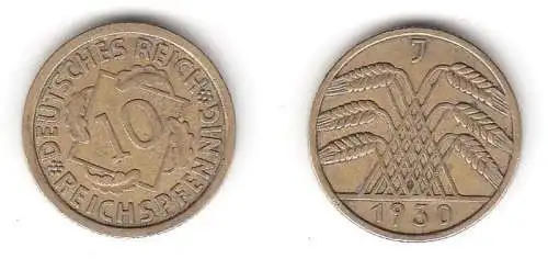 10 Reichspfennig Messing Münze Deutsches Reich 1930 J, Jäger 317 (112623)