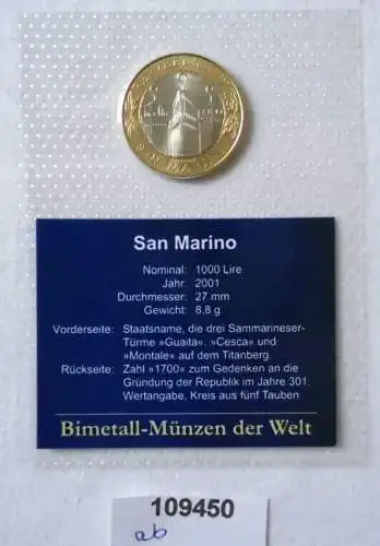 Bi-Metall Münze 1000 Lire San Marino 2001 in TOP Erhaltung im Blister