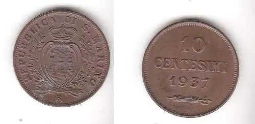 10 Centesimi Kupfer Münze Republik San Marino 1937 R (113711)