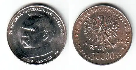 50000 Zloty Silber Münze Polen Jozef Pilsudzki 1988 (111758)