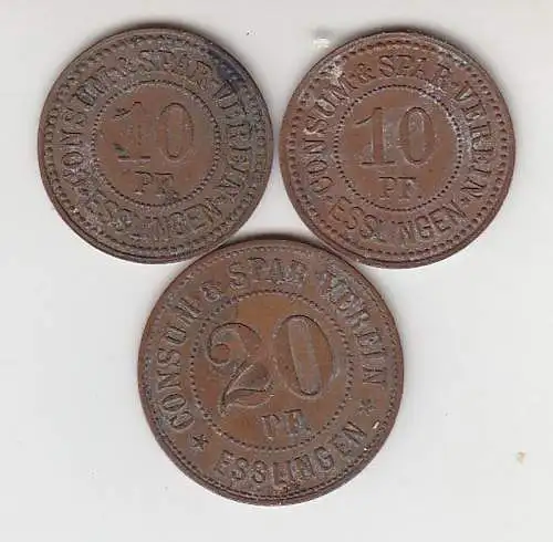 3 Bronze Münzen 2 x 10, 20 Pfennig Notgeld Consum Spar Verein Esslingen um 1920