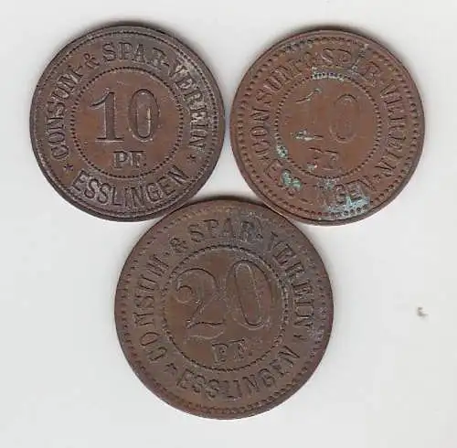 3 Bronze Münzen 2 x 10, 20 Pfennig Notgeld Consum Spar Verein Esslingen um 1920