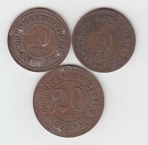 3 Bronze Münzen 2 x 10, 20 Pfennig Notgeld Consum Spar Verein Esslingen um 1920