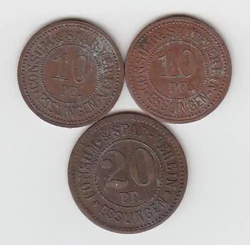 3 Bronze Münzen 2 x 10, 20 Pfennig Notgeld Consum Spar Verein Esslingen um 1920