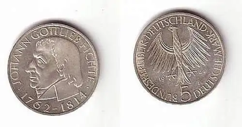 BRD Gedenk Münze 5 Mark Johann Gottlieb Fichte 1964