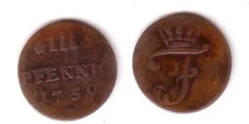 3 Pfennig Kupfer Münze Mecklenburg Schwerin 1759 (108690)