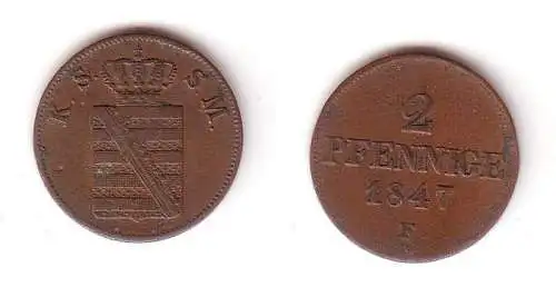 2 Pfennige Kupfer Münze Sachsen 1847 F ss