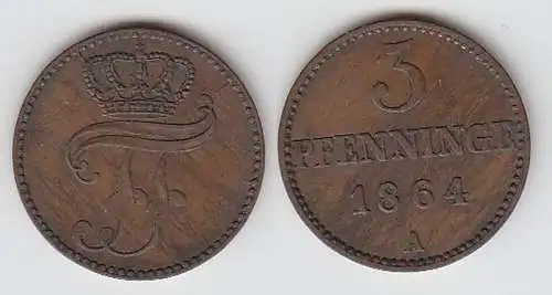 3 Pfennige Kupfer Münze Mecklenburg Schwerin 1864 A