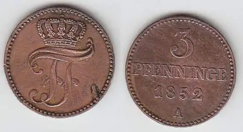 3 Pfennige Kupfer Münze Mecklenburg Schwerin 1852 A