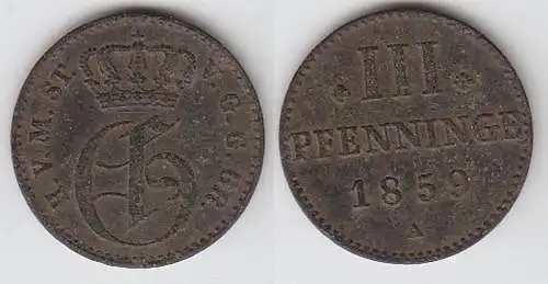 3 Pfennige Kupfer Münze Mecklenburg Strelitz 1859 A