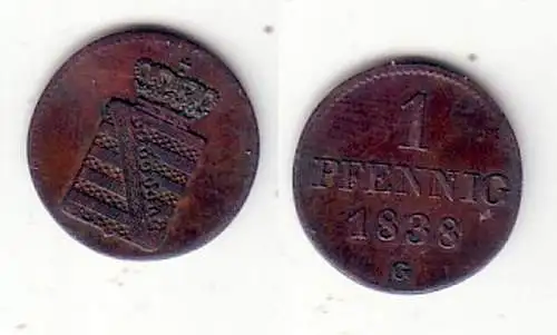 1 Pfennig Kupfer Münze Sachsen 1838 G